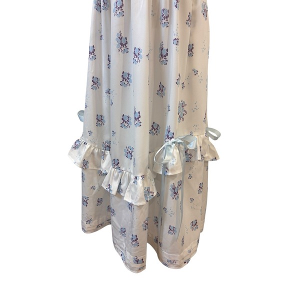 White Blue Floral Milkmaid Midi Dress Sz M Coquette Romantic Ruffles Bows Puff - Picture 5 of 10